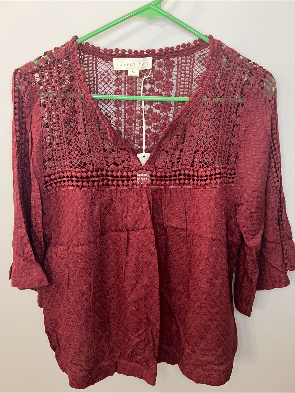 lovestitch Wine Crochet Lace V-Neck Blouse